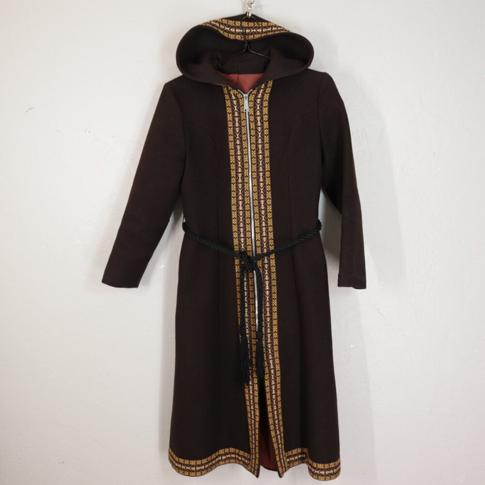 Vtg 70s Wool Coat S Brown Boho Embroider Edge Pockets Tie Waist Lined Hooded